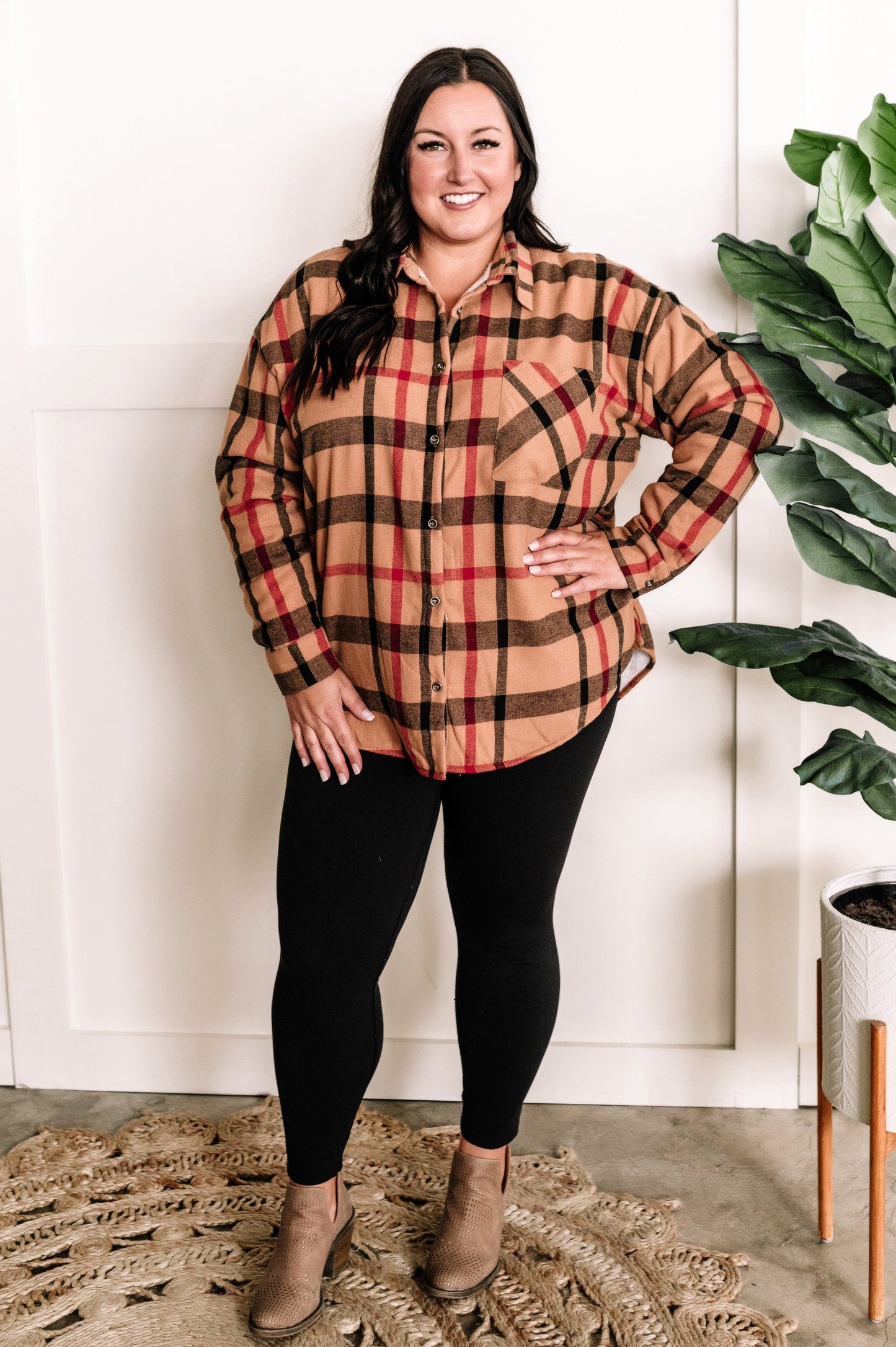 Minky Soft Plaid Shacket In Tan Tartan Check