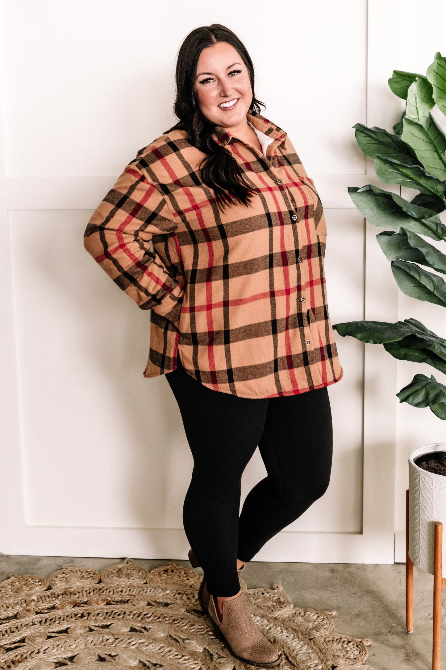 Minky Soft Plaid Shacket In Tan Tartan Check