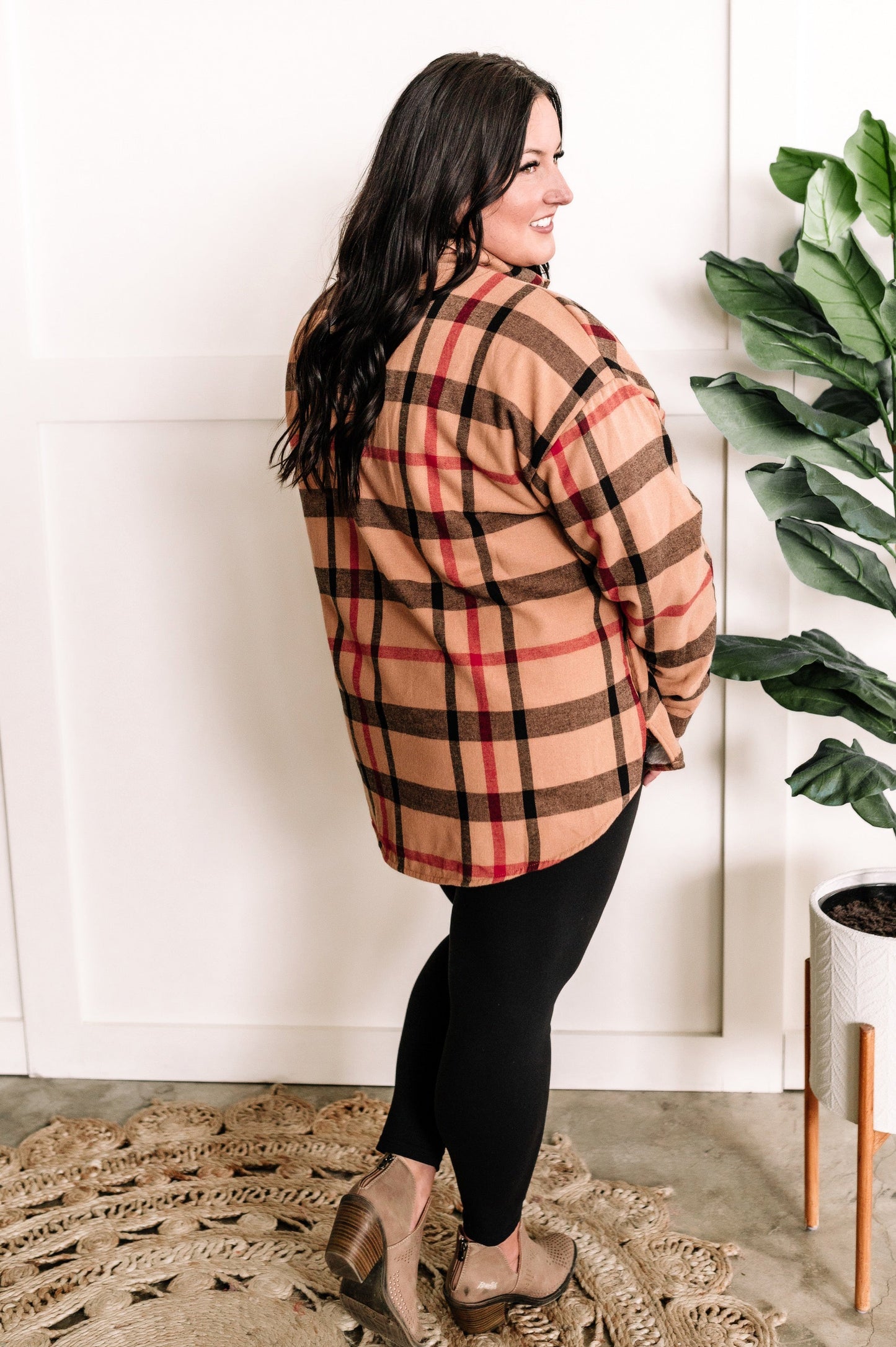 Minky Soft Plaid Shacket In Tan Tartan Check