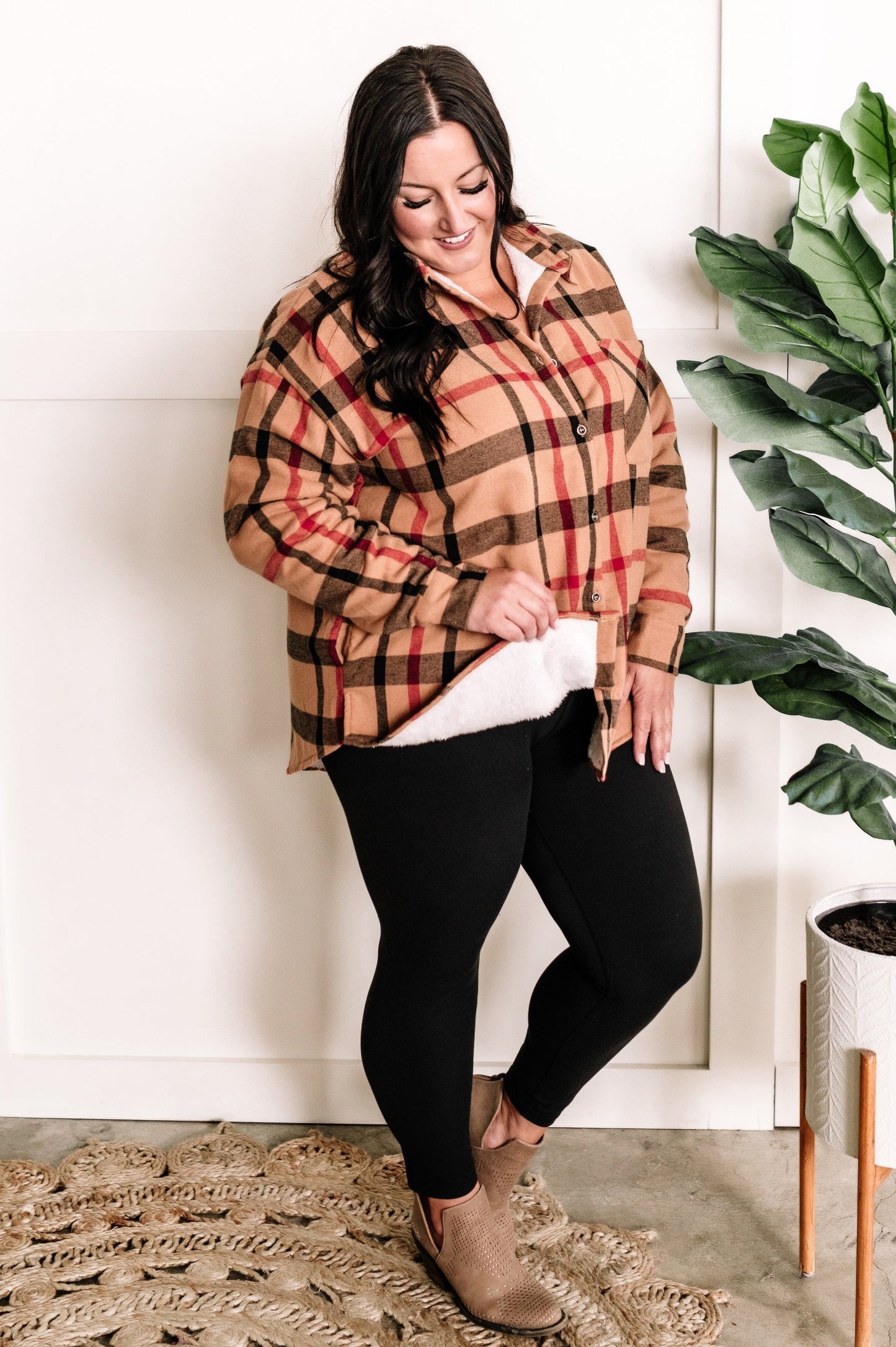 Minky Soft Plaid Shacket In Tan Tartan Check