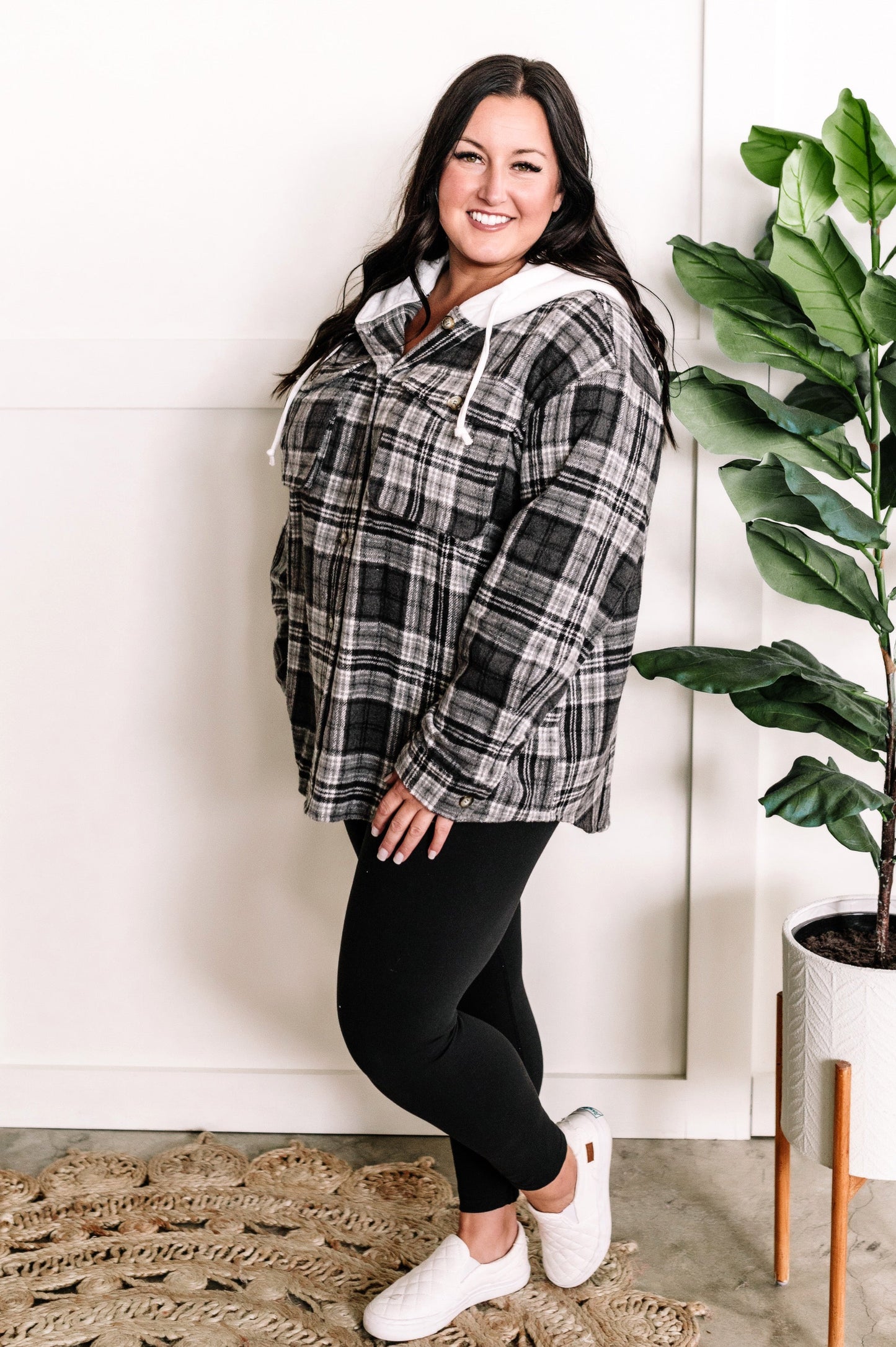 Hooded Flannel Shacket In Grey Plaid