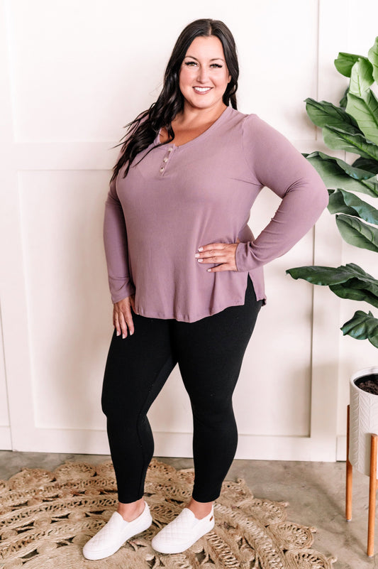 Button Front Long Sleeve Knit Henley In Dusty Lavender