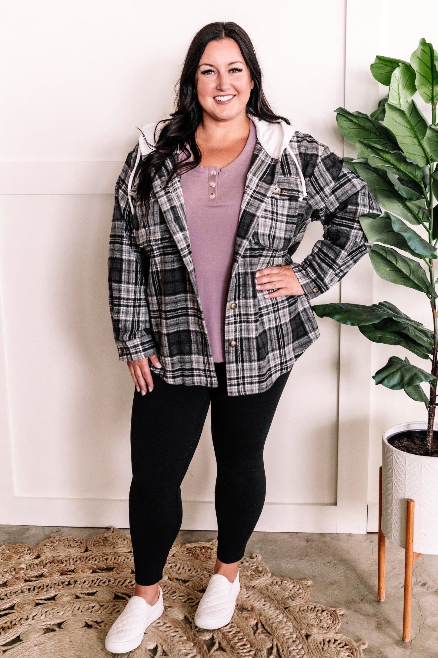 Hooded Flannel Shacket In Grey Plaid