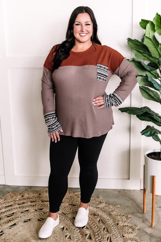 Waffle Knit Long Sleeve Top In Rust & Beige With Snowflake Detail 11.24