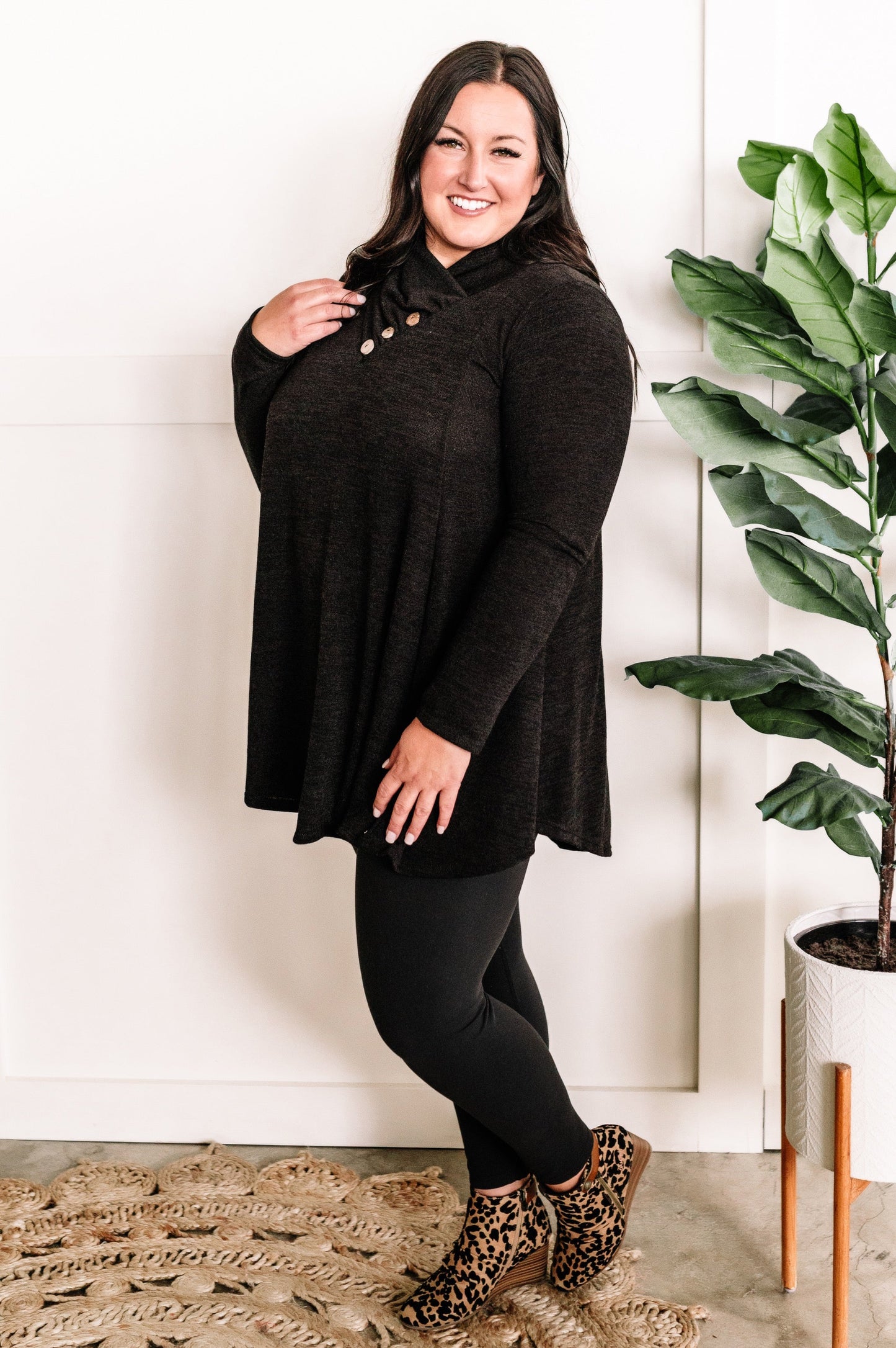 Crossover Cowl Neck Fit & Flare Tunic Sweater In Black 11.20