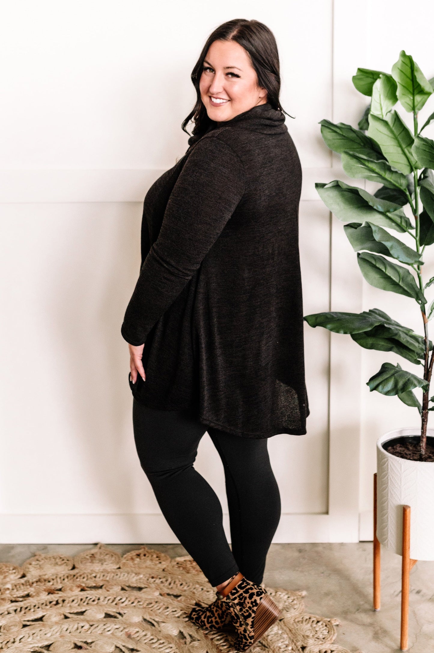 Crossover Cowl Neck Fit & Flare Tunic Sweater In Black 11.20