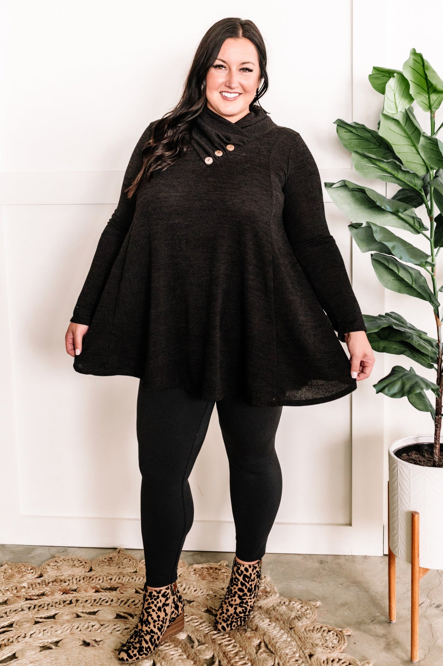 Crossover Cowl Neck Fit & Flare Tunic Sweater In Black 11.20