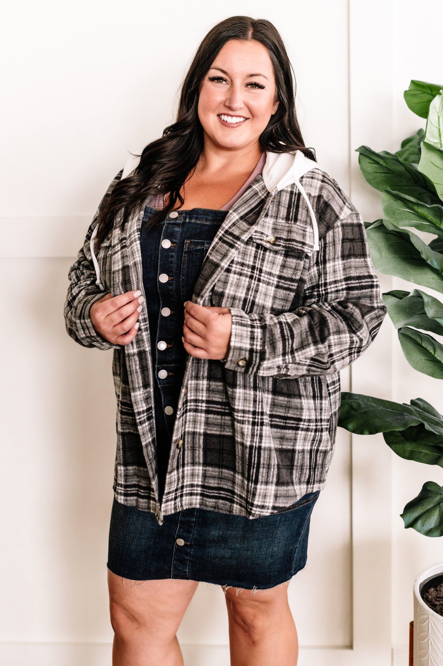 Hooded Flannel Shacket In Grey Plaid