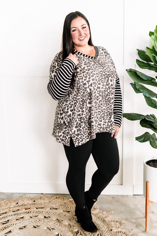 V Neck Dolman Sleeve Top In Leopard Stripes