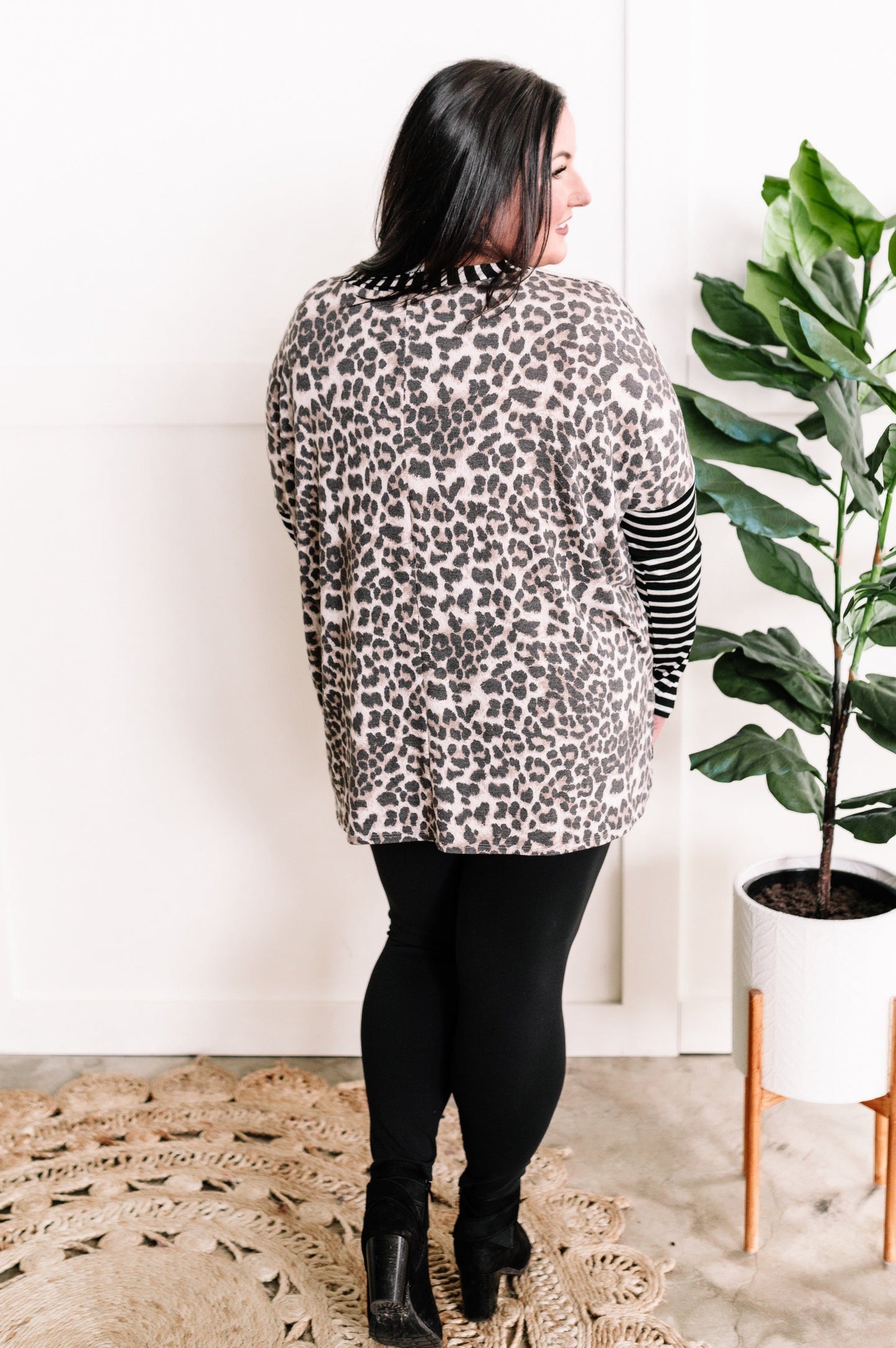 V Neck Dolman Sleeve Top In Leopard Stripes