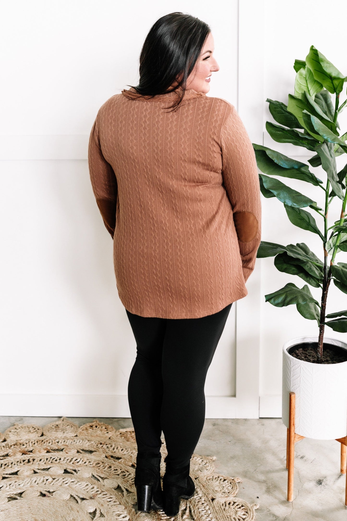 Button Front Knit Top With Elbow Patch Detail In Autumn Leaves 11.20