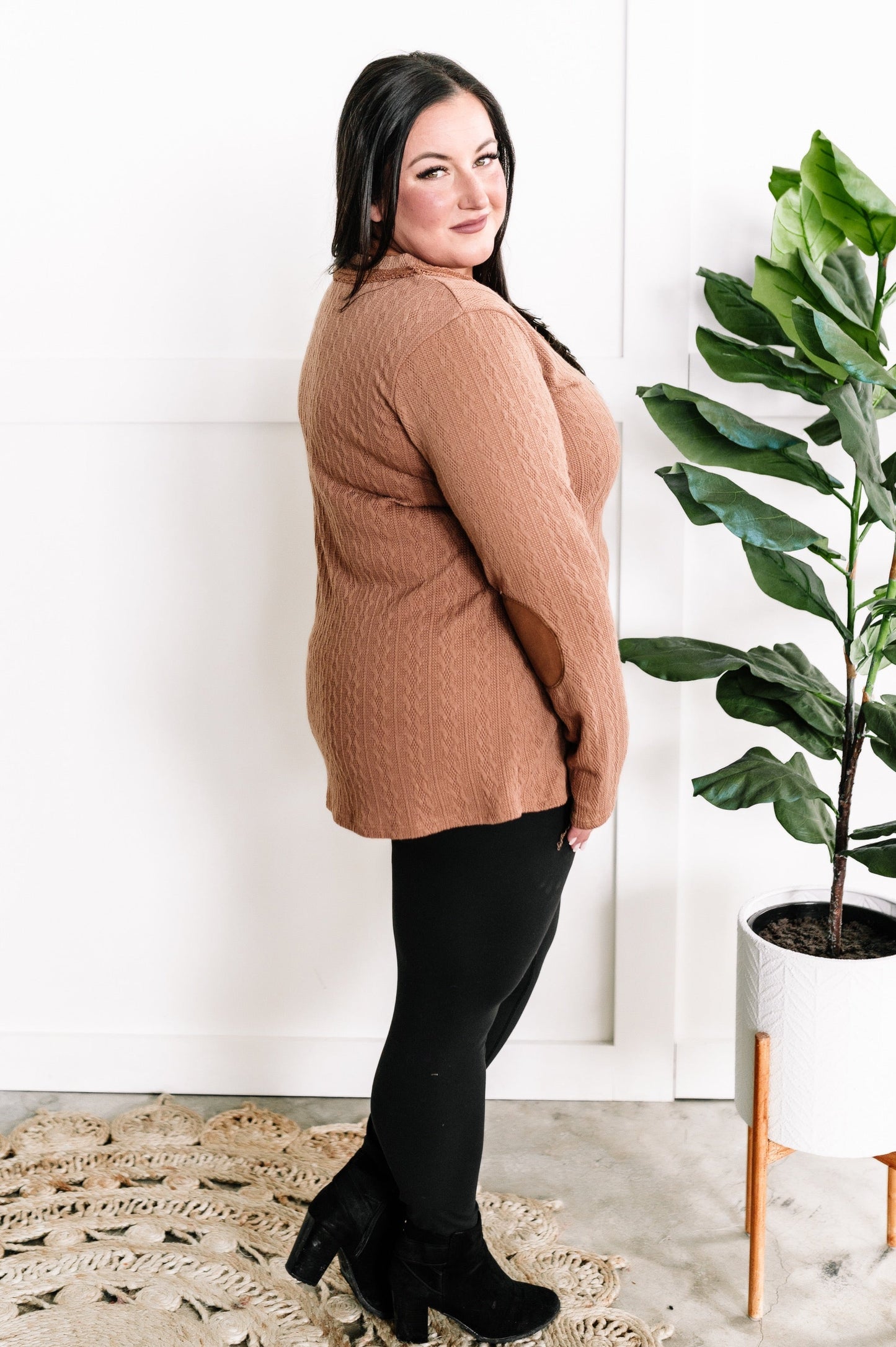Button Front Knit Top With Elbow Patch Detail In Autumn Leaves 11.20