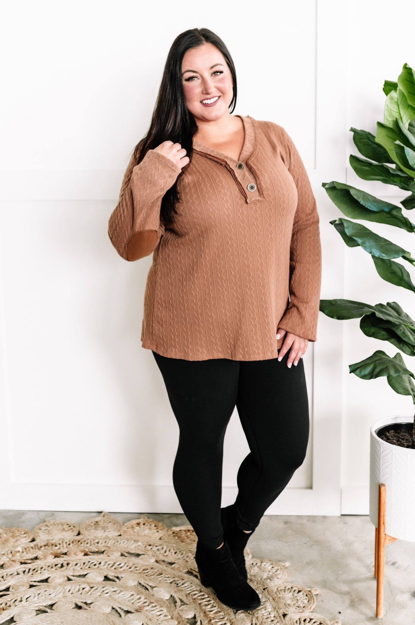 Button Front Knit Top With Elbow Patch Detail In Autumn Leaves 11.20