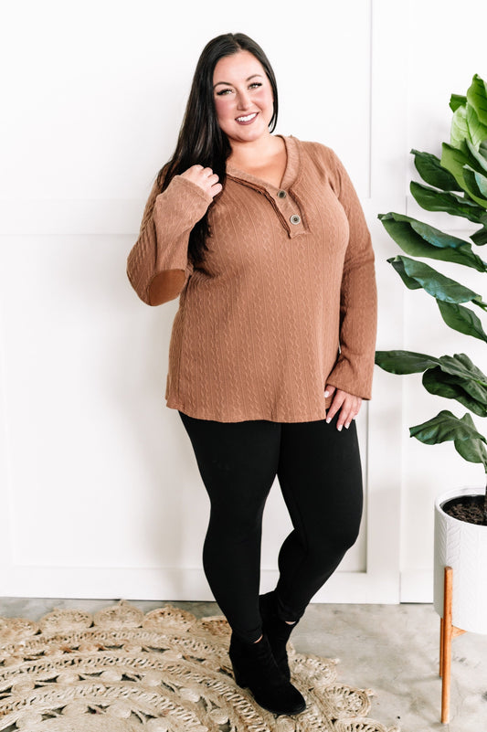 Button Front Knit Top With Elbow Patch Detail In Autumn Leaves 11.20
