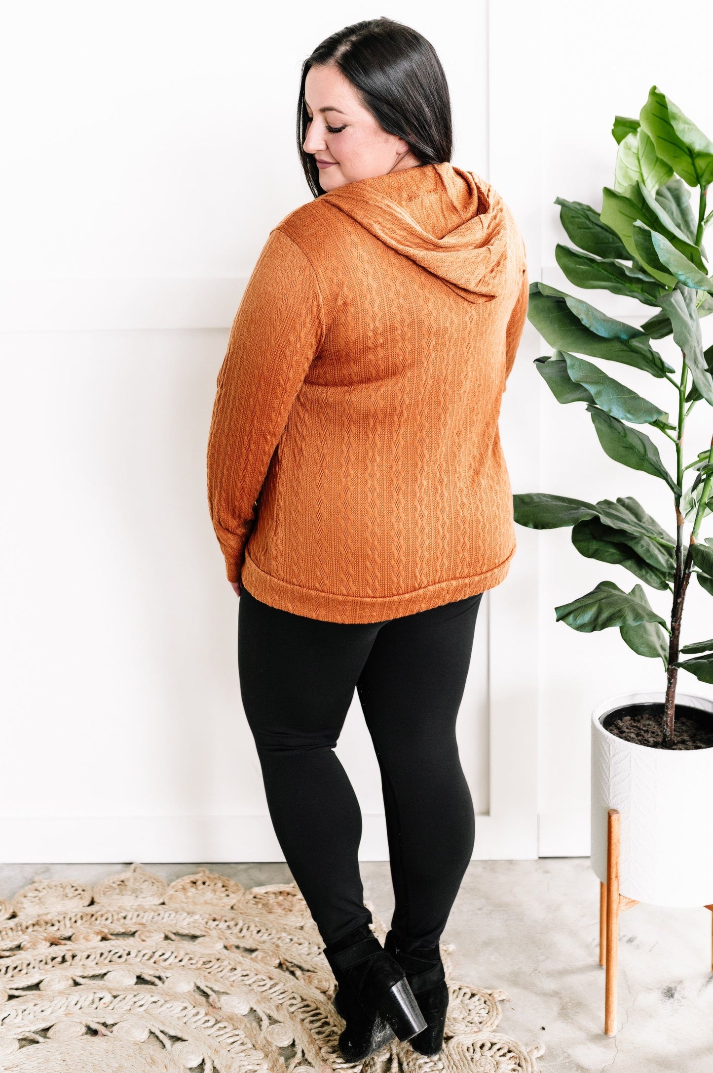 Cable Knit Hooded Cardigan In Burnt Orange