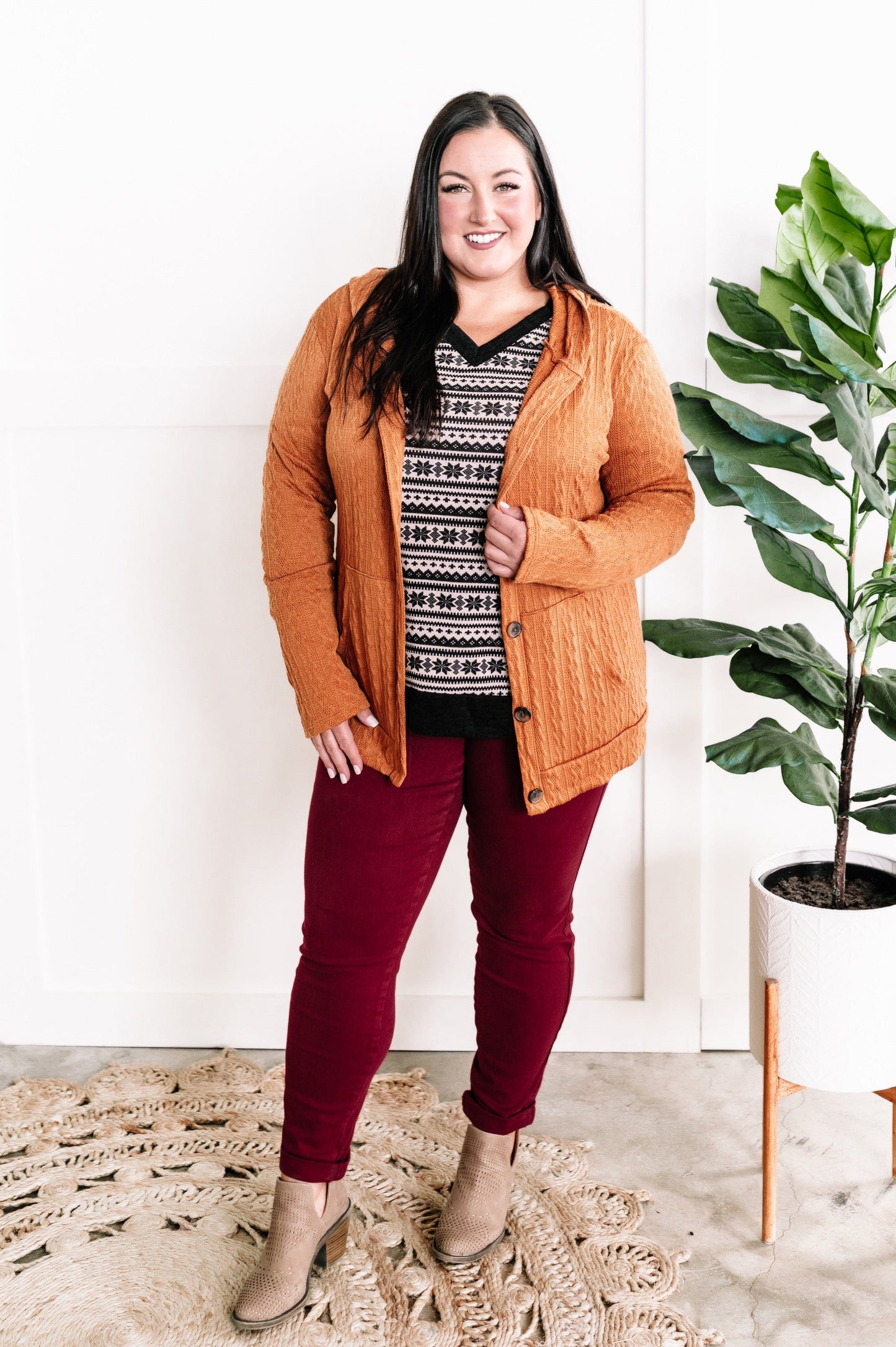 Cable Knit Hooded Cardigan In Burnt Orange