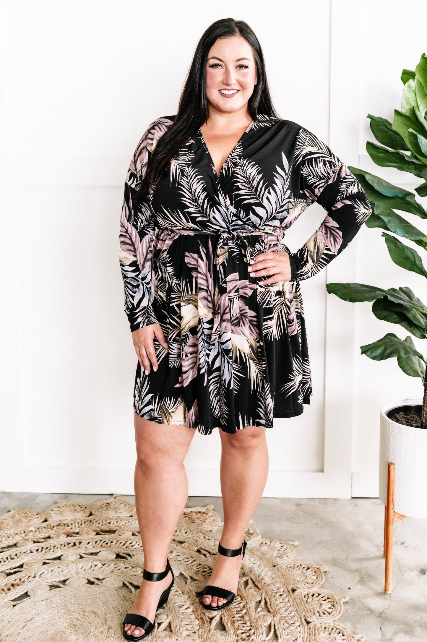 Black Surplice Dress With Tie Belt Detail In Palm Fans