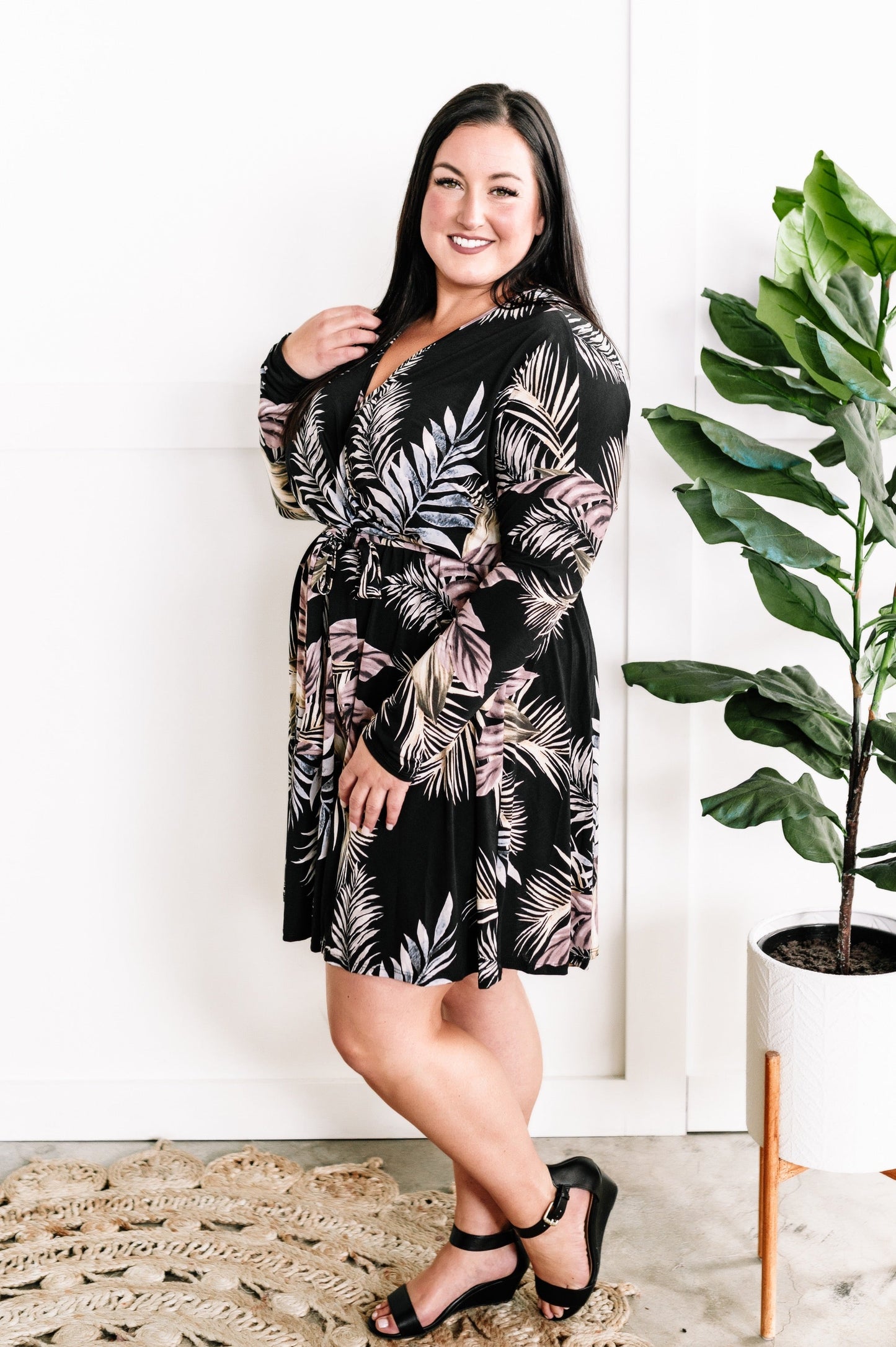 Black Surplice Dress With Tie Belt Detail In Palm Fans