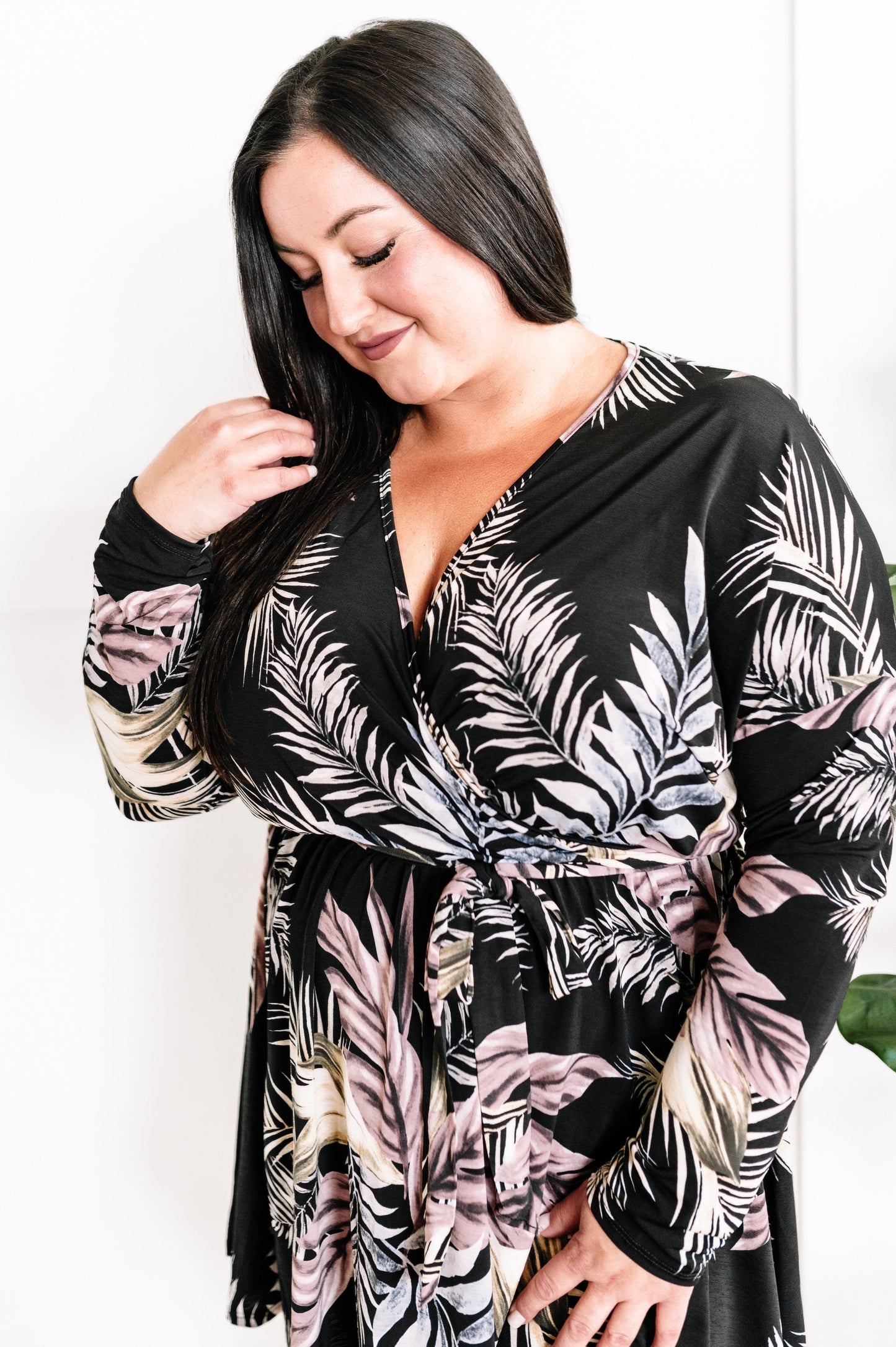 Black Surplice Dress With Tie Belt Detail In Palm Fans
