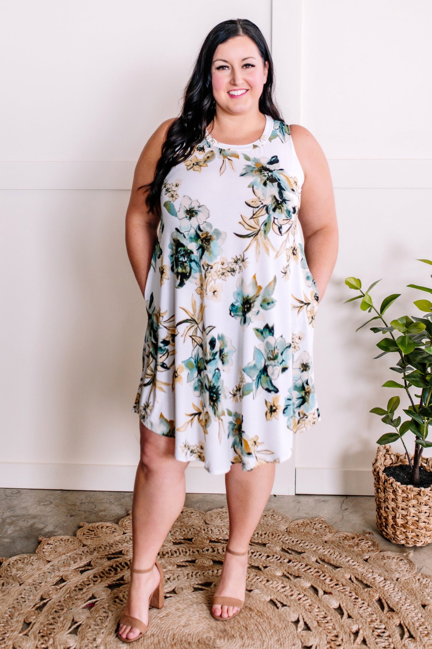 Sleeveless Shift Dress With Pockets In Teal, Yellow & Ivory Florals