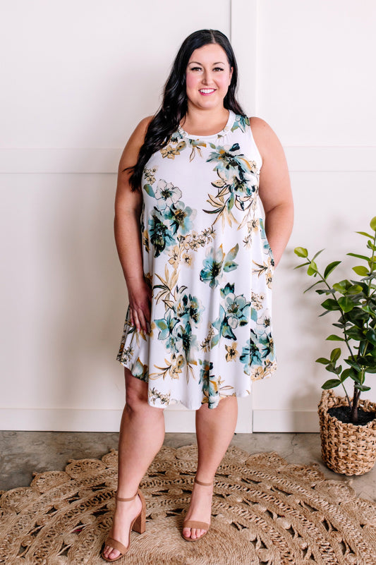 Sleeveless Shift Dress With Pockets In Teal, Yellow & Ivory Florals