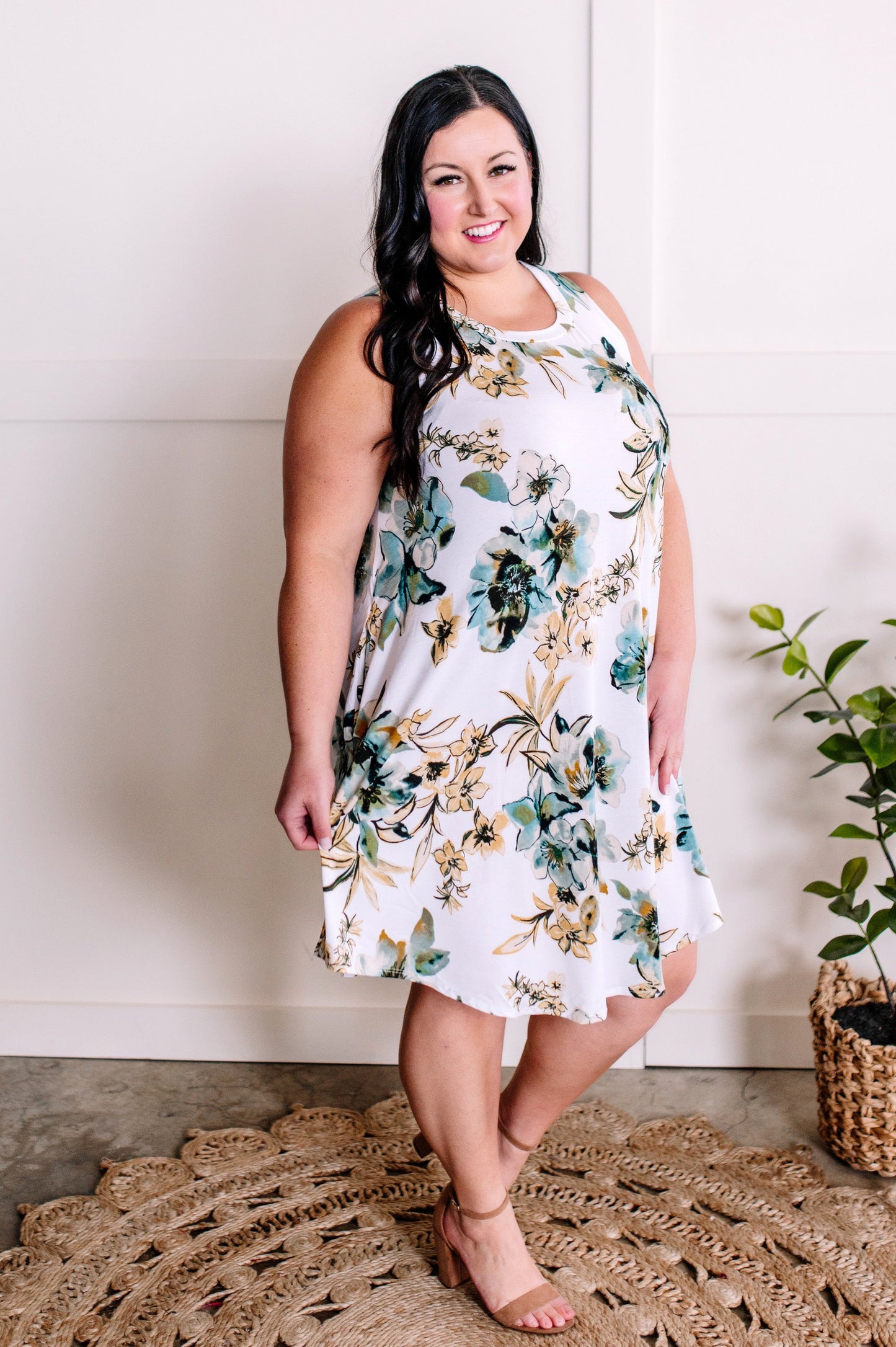 Sleeveless Shift Dress With Pockets In Teal, Yellow & Ivory Florals