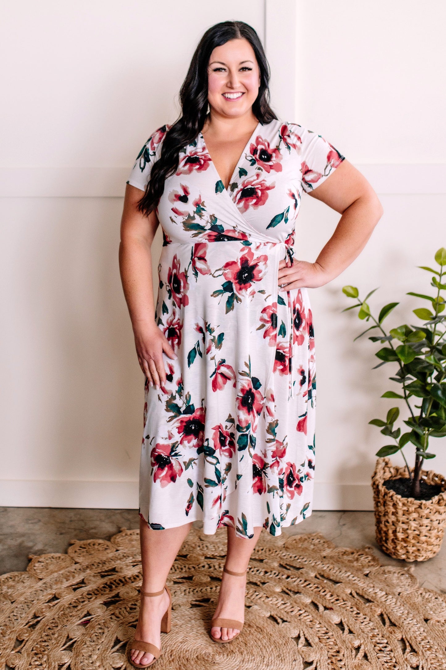 Surplice Midi Dress In Rose Print & Ivory Teal