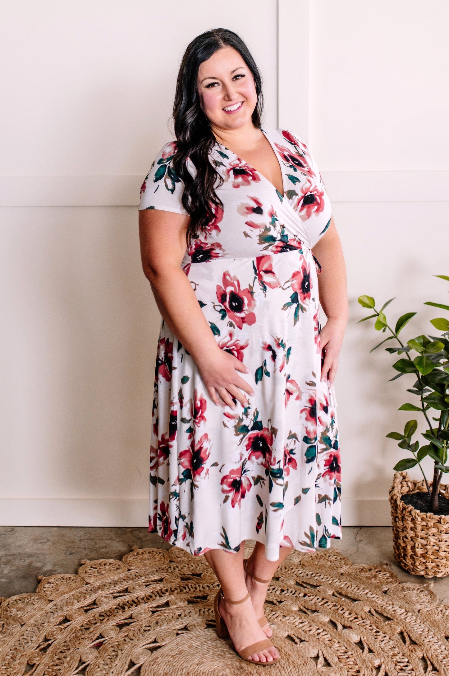Surplice Midi Dress In Rose Print & Ivory Teal