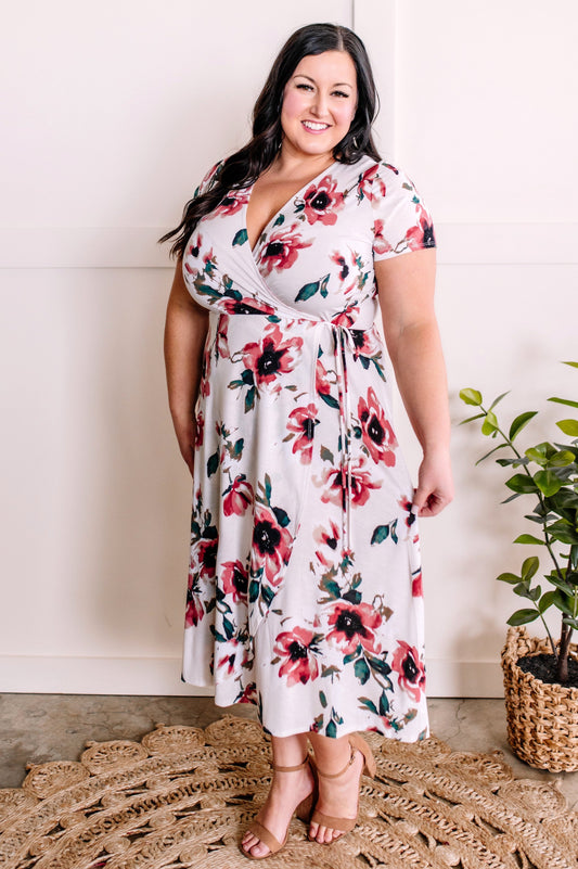 Surplice Midi Dress In Rose Print & Ivory Teal