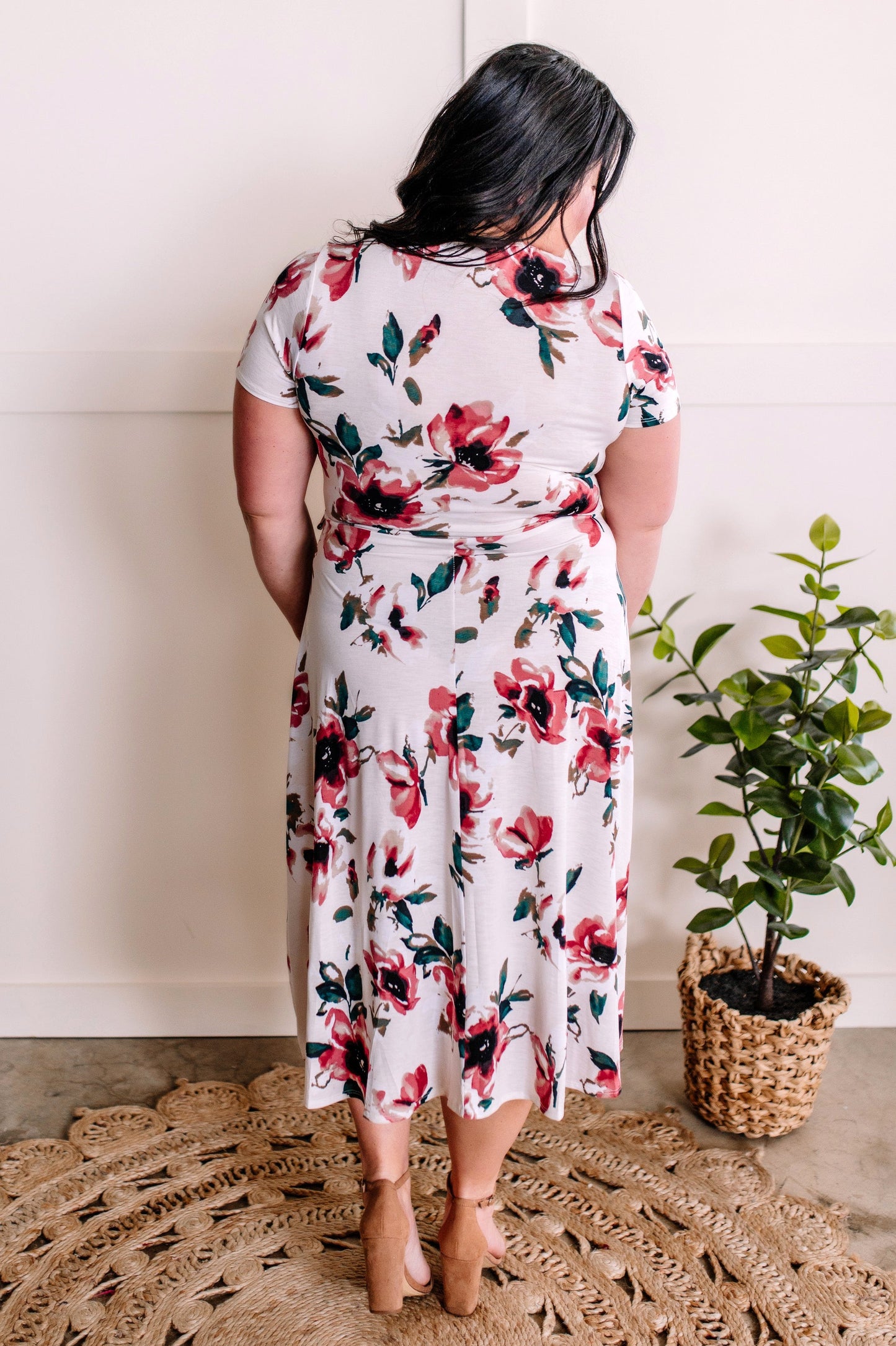Surplice Midi Dress In Rose Print & Ivory Teal