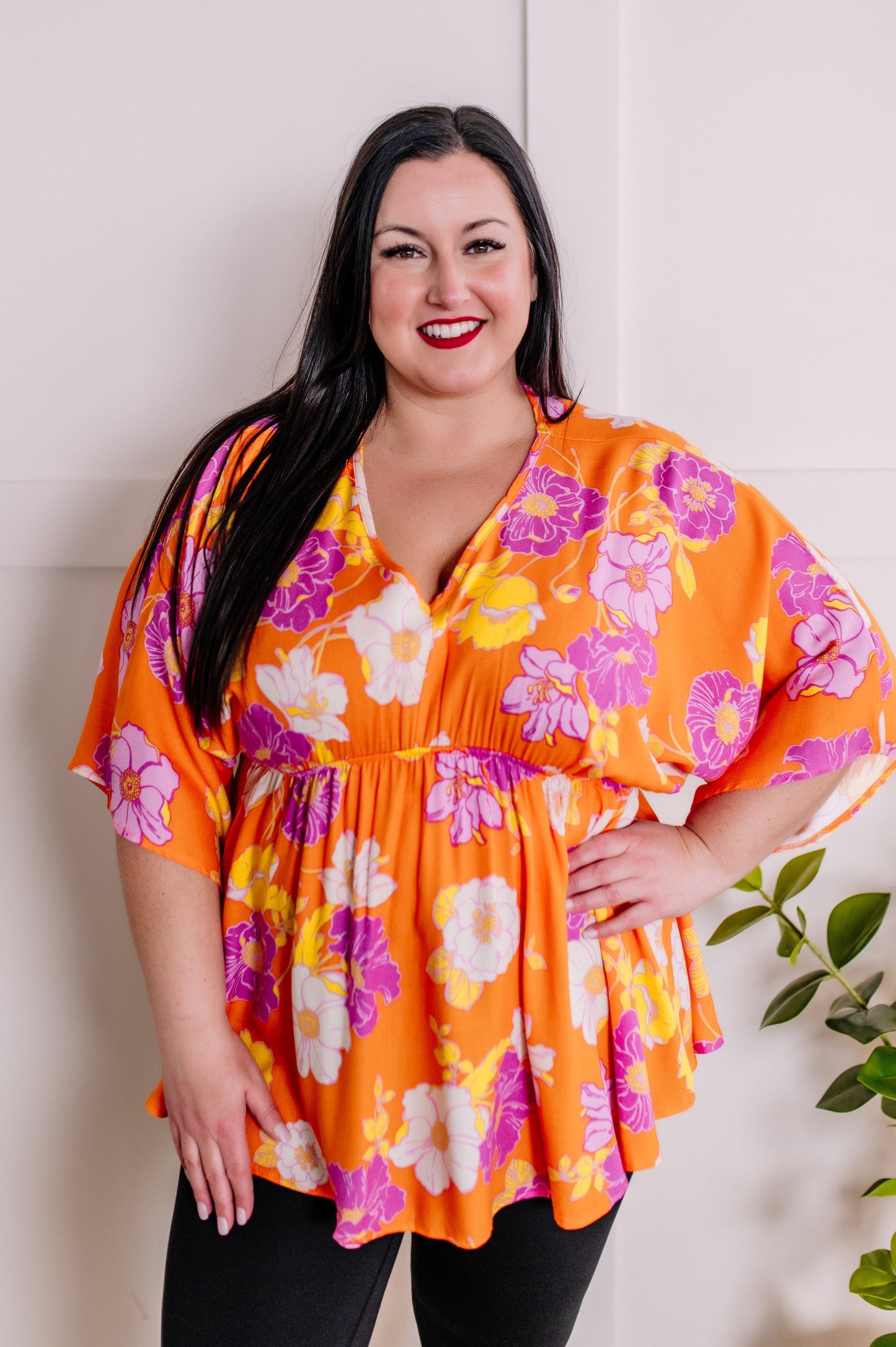 Tropical Orange Hibiscus Dolman Sleeve Blouse