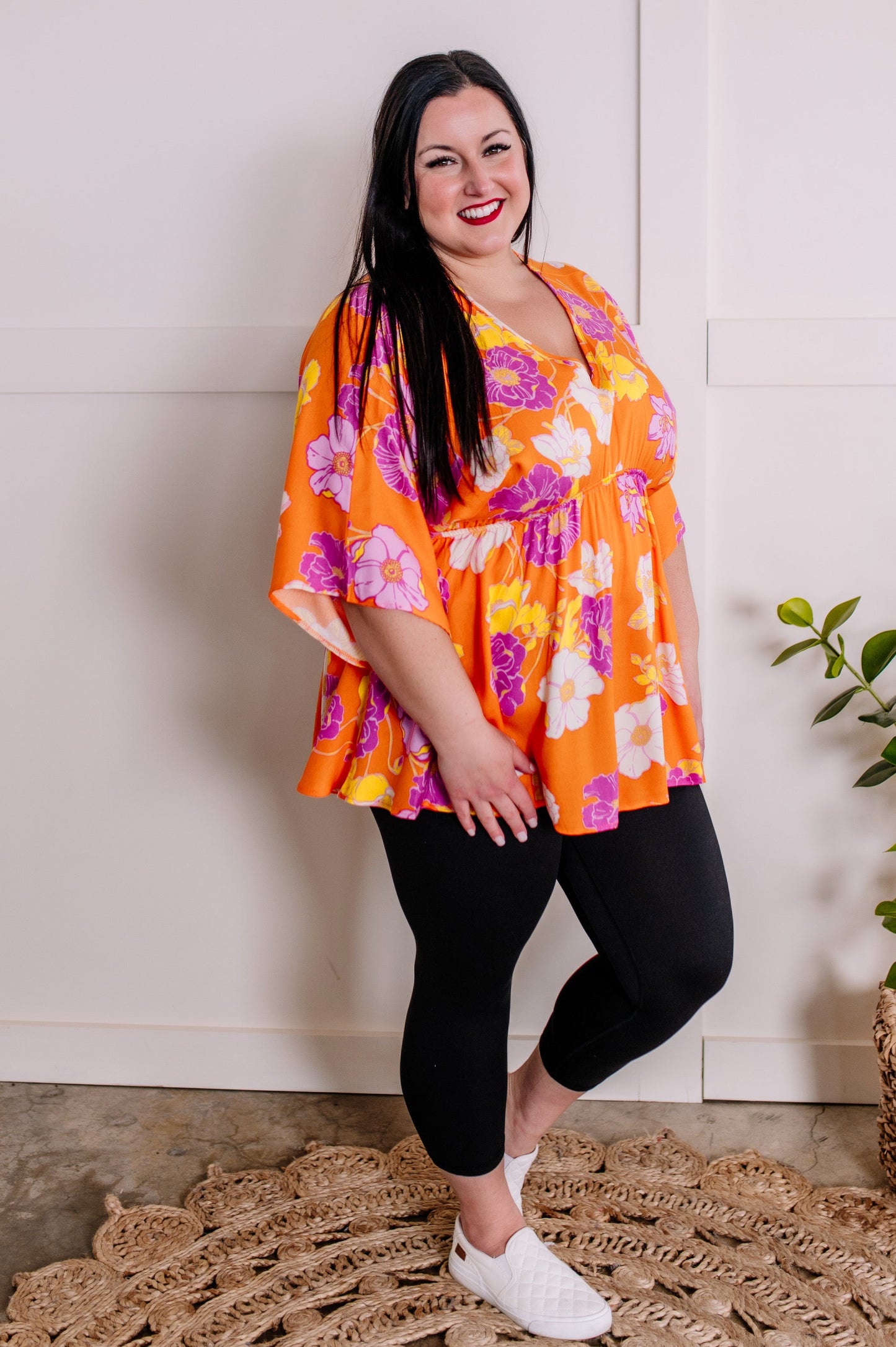 Tropical Orange Hibiscus Dolman Sleeve Blouse
