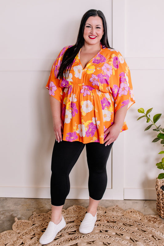 Tropical Orange Hibiscus Dolman Sleeve Blouse