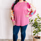 Waffle Knit Top With Floral Sleeves In Pretty Pink