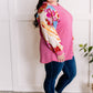 Waffle Knit Top With Floral Sleeves In Pretty Pink
