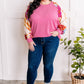 Waffle Knit Top With Floral Sleeves In Pretty Pink