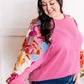 Waffle Knit Top With Floral Sleeves In Pretty Pink