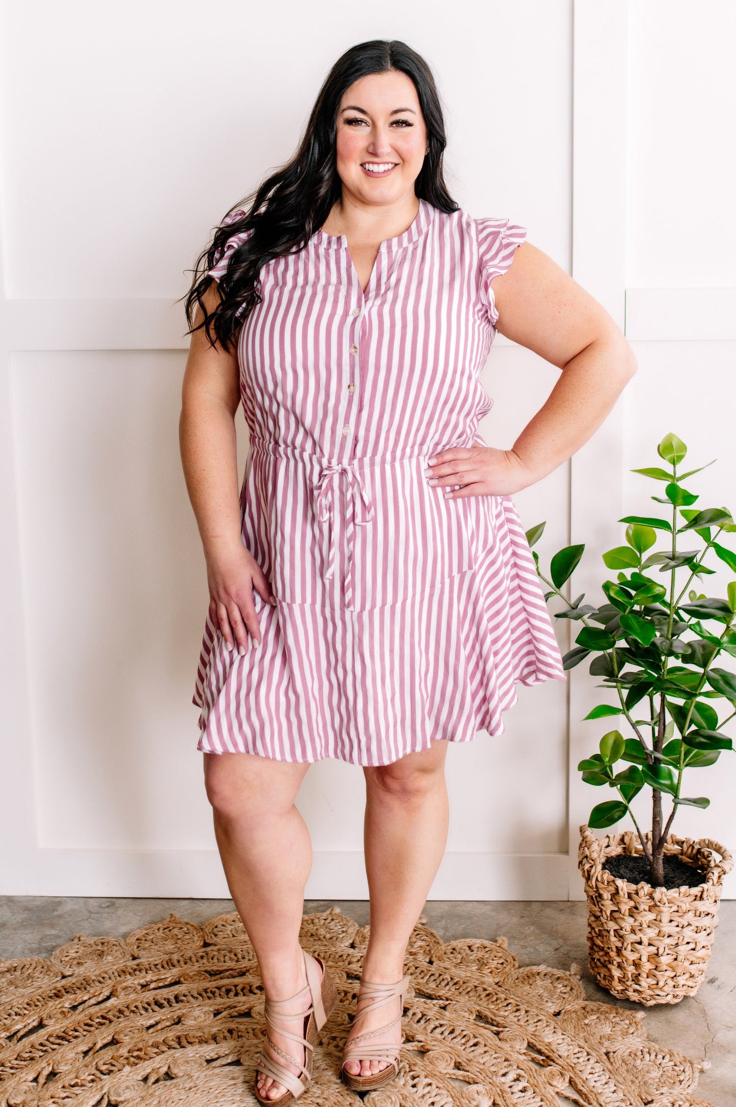 Striped Fit & Flare Dress In Candy Pink