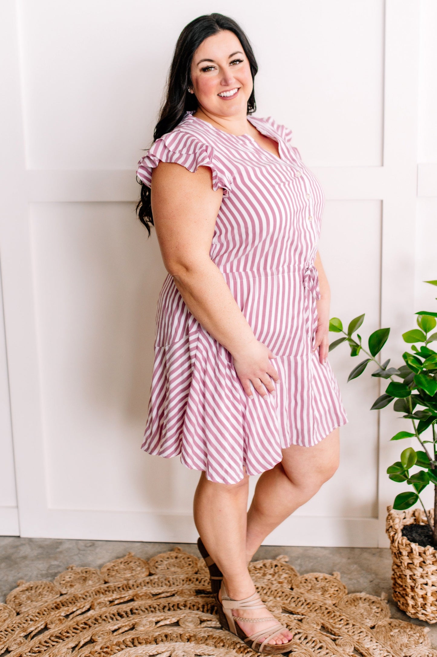 Striped Fit & Flare Dress In Candy Pink