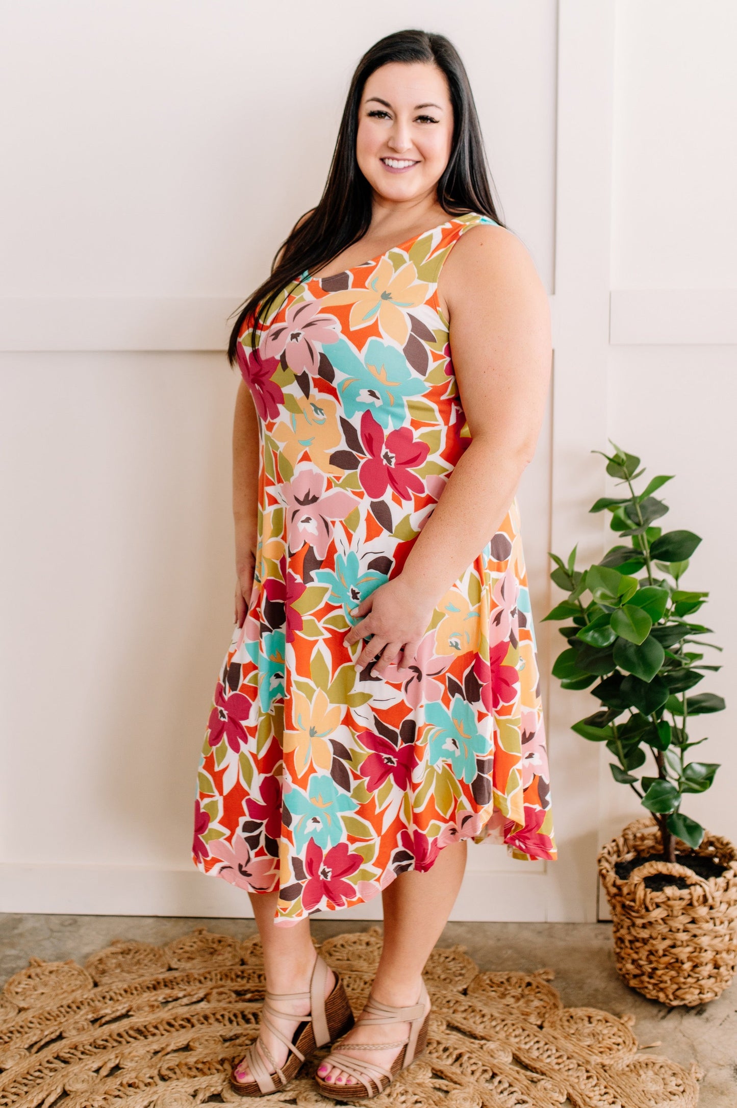 Sleeveless Midi Dress In Colorful Hibiscus Florals