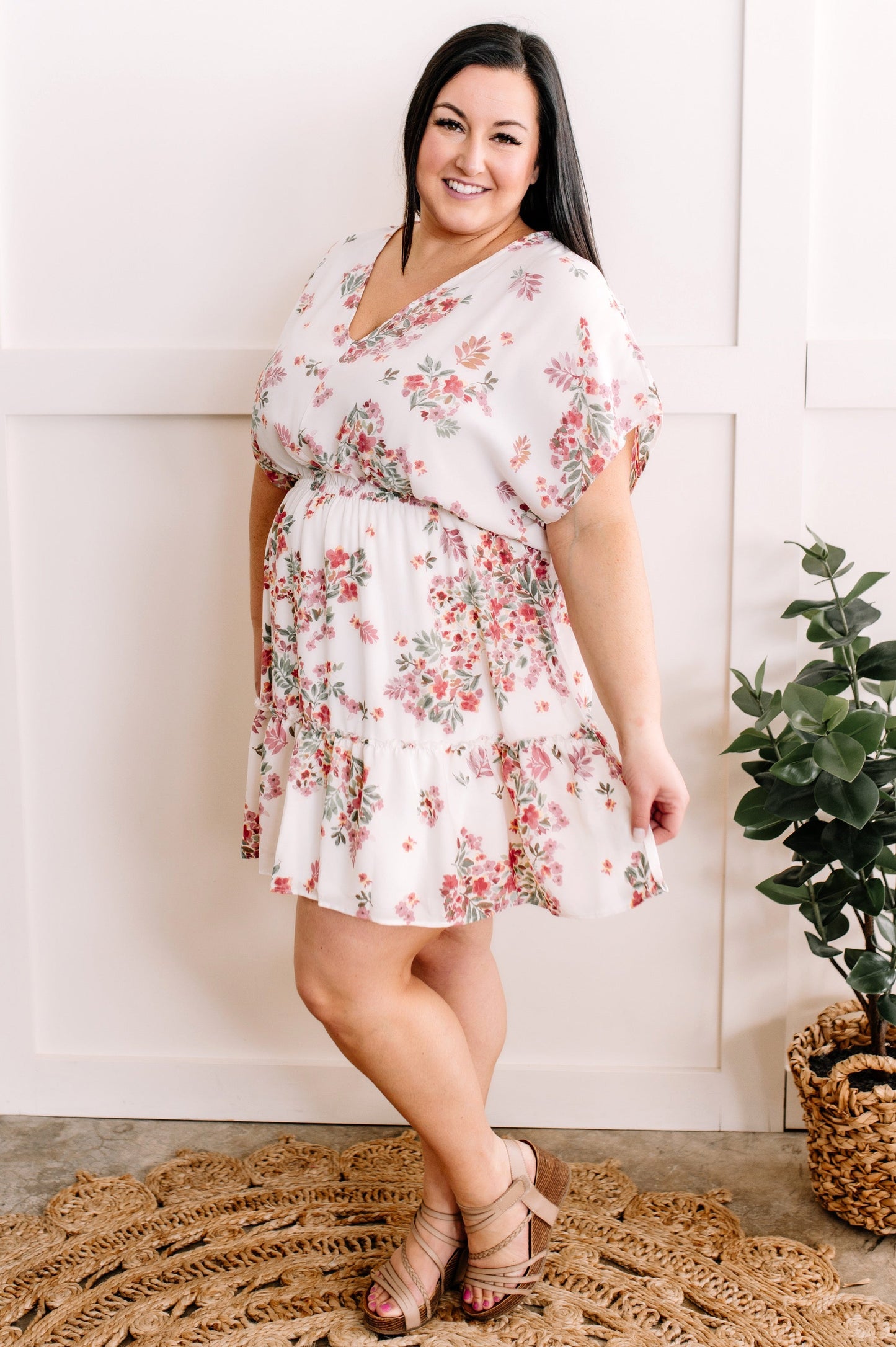 V Neck Ivory Floral Dress In Sage & Cherry