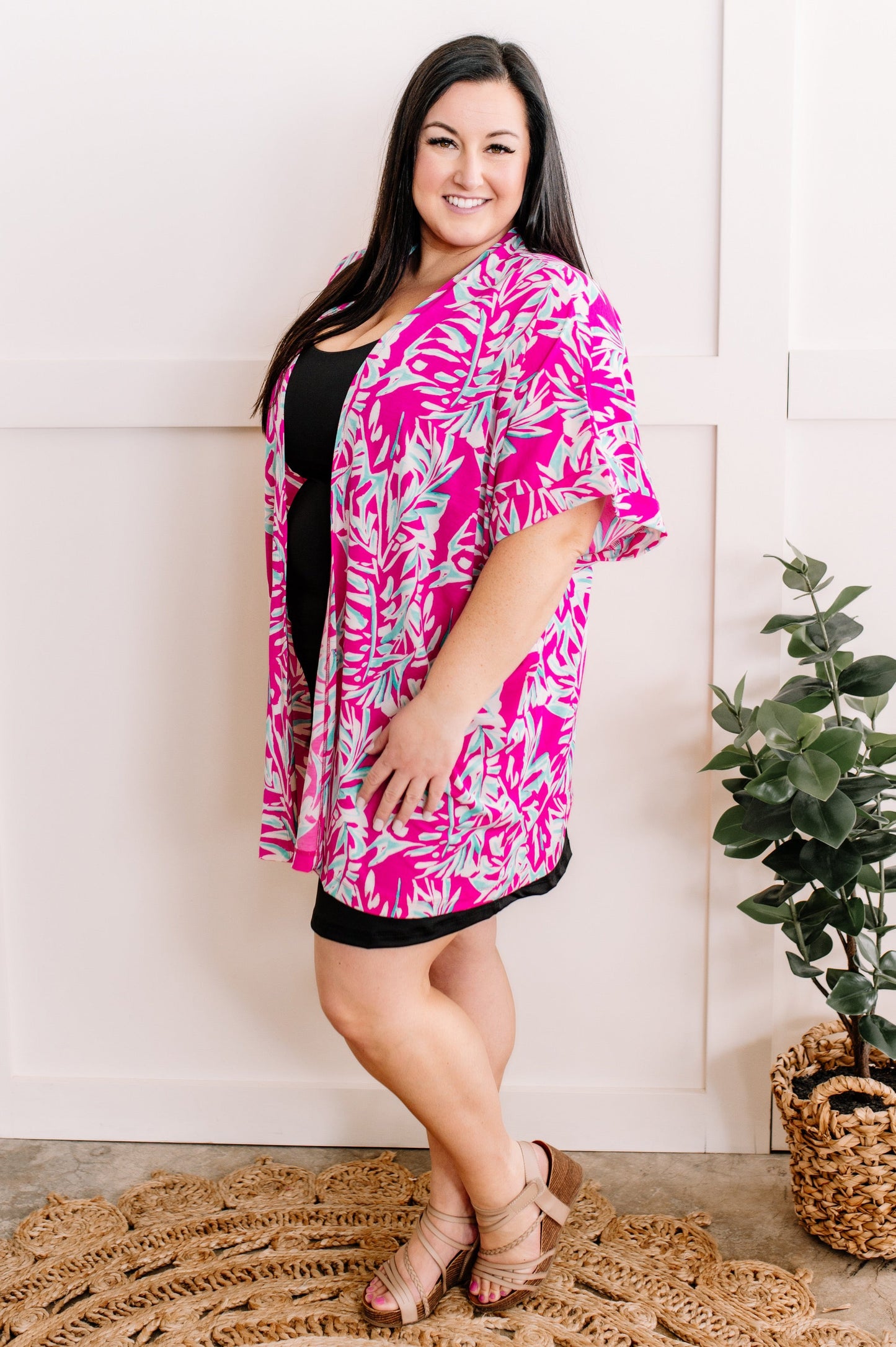 Short Sleeve Kimono In Bright Pink & Teal