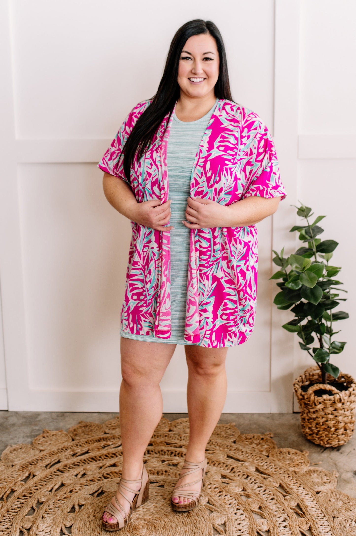 Short Sleeve Kimono In Bright Pink & Teal