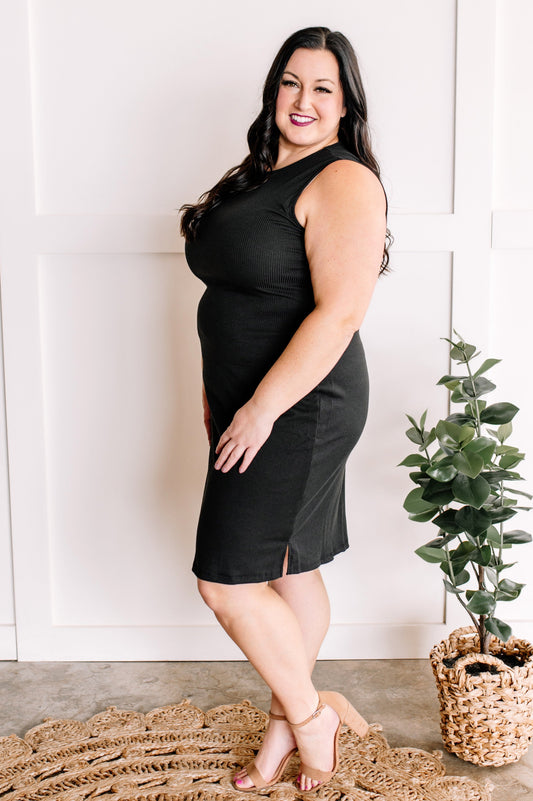 Casual Sleeveless Ribbed Dress In Black