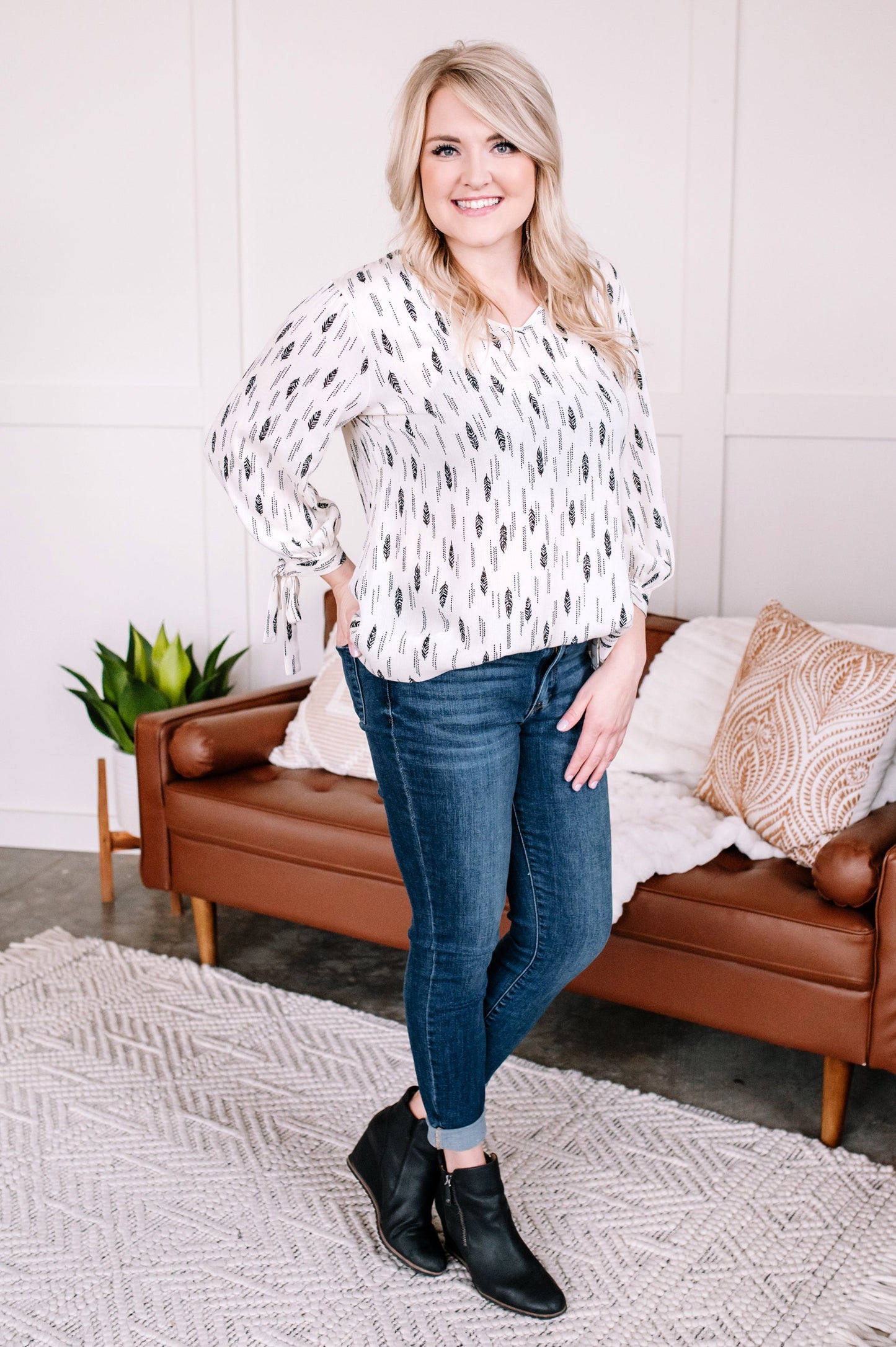 Feather Together Blouse In Ivory & Black