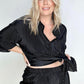 Pleated Button Down Top And Shorts Set in Black