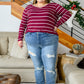 Erika Striped V-Neck Long Sleeve Top in Burgundy