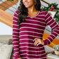 Erika Striped V-Neck Long Sleeve Top in Burgundy