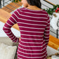 Erika Striped V-Neck Long Sleeve Top in Burgundy