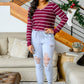 Erika Striped V-Neck Long Sleeve Top in Burgundy